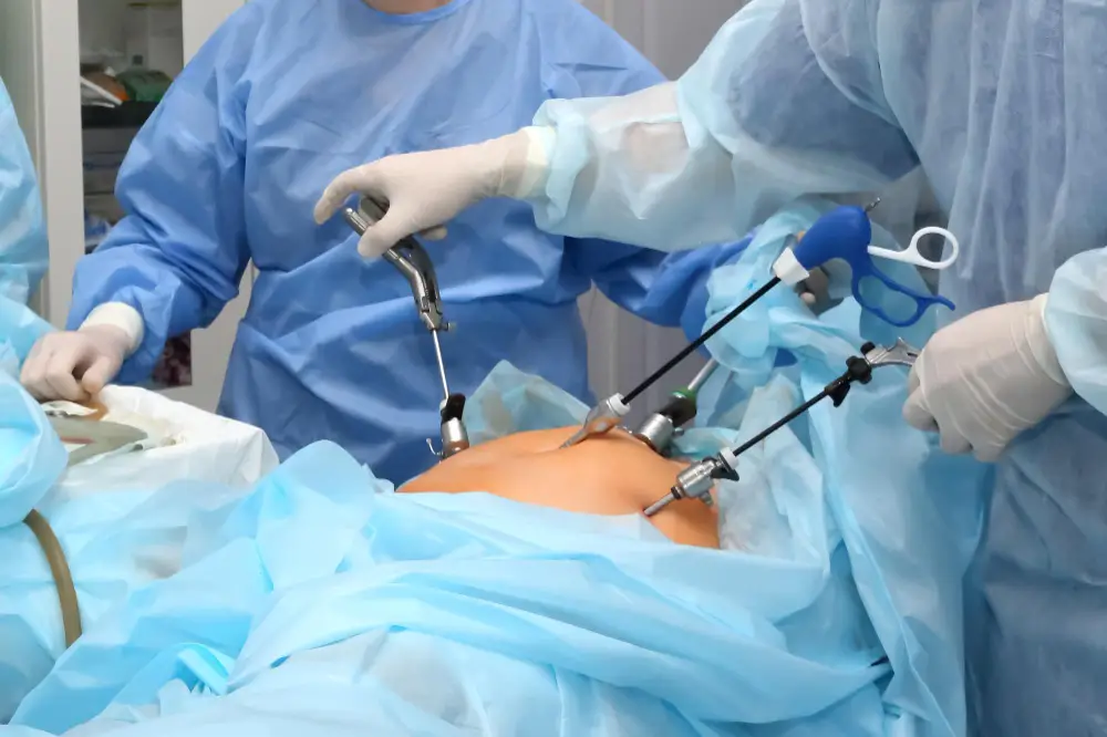 Gynae laparoscopic (keyhole) surgery performed by a surgical team