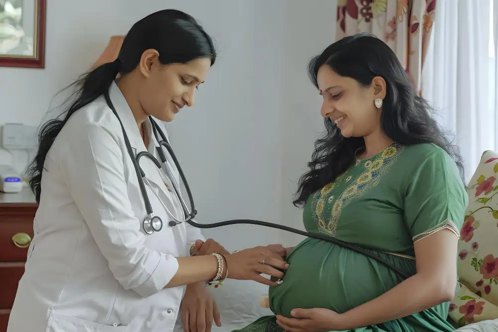 Pregnancy and maternal care: doctor checking a pregnant woman's blood pressure