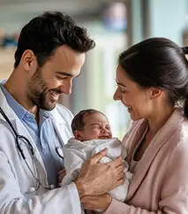 Obstetrician and new mother smiling at a newborn baby after delivery