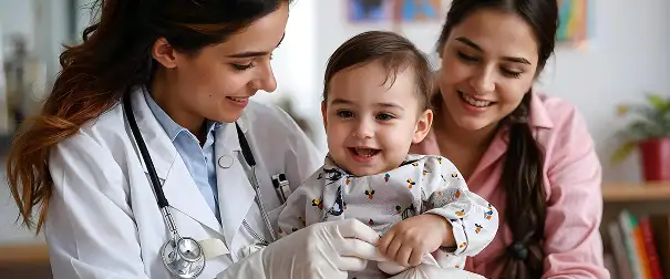 Gynaecologist examining a baby with the mother during a follow-up visit