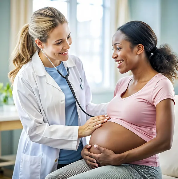 Obstetrician examining a pregnant woman with a stethoscope at a prenatal check-up