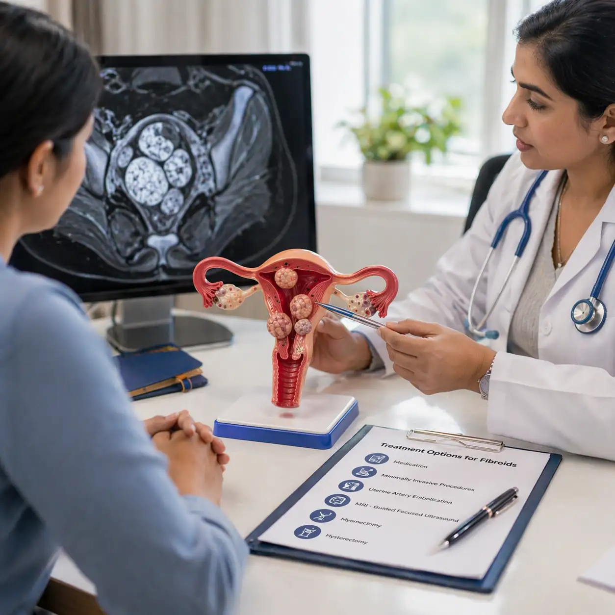 Fibroids treatment in Delhi: doctor explaining uterine fibroids on a uterus model