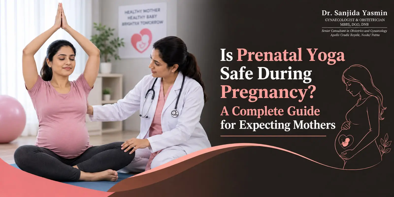 Gynaecologist guiding a pregnant woman through a prenatal yoga pose