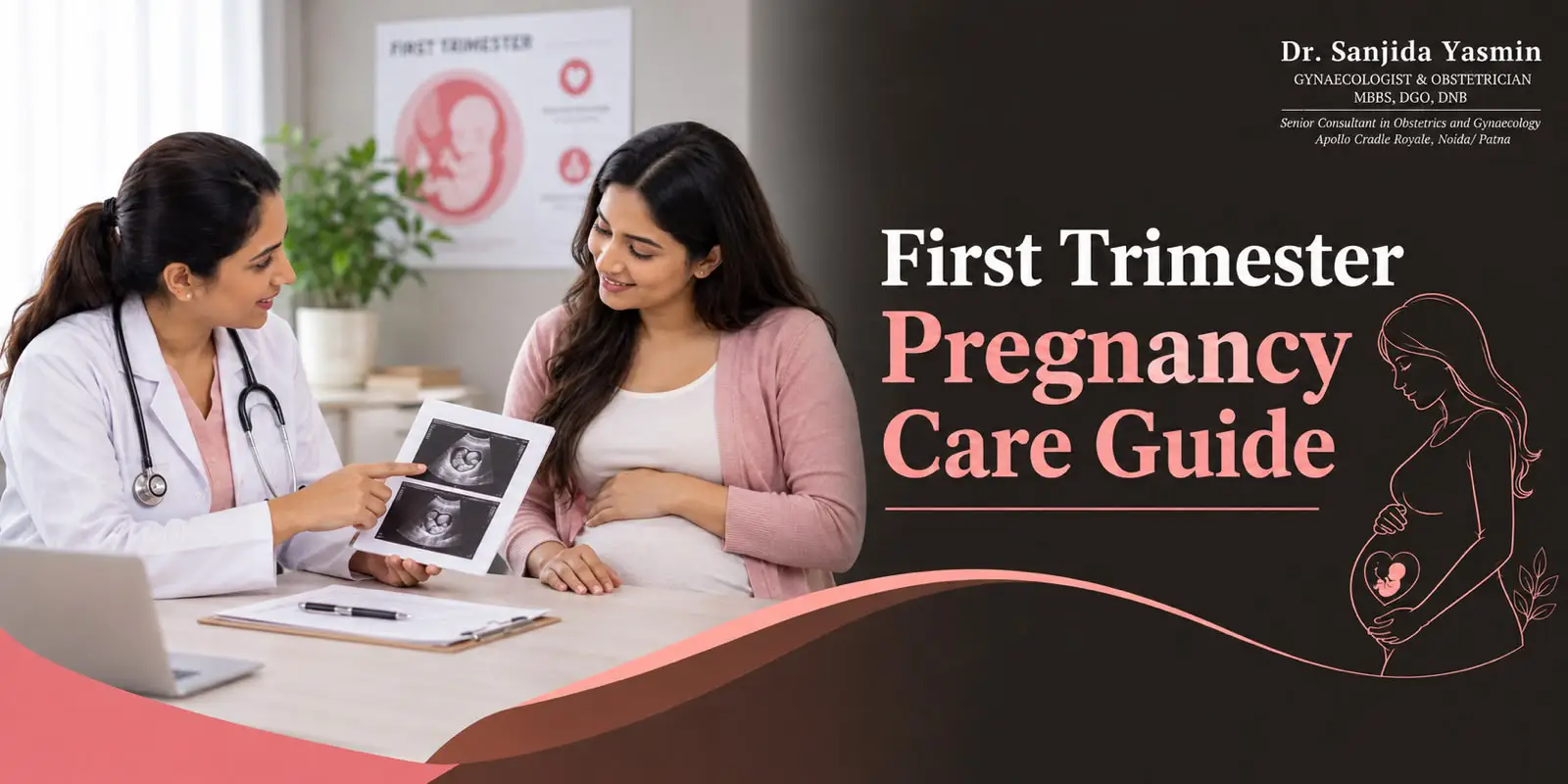 Dr. Sanjida Yasmin reviewing a first trimester ultrasound scan with a pregnant patient